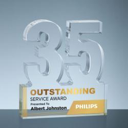 Acrylic #35 Service Award, 1" thick clear acrylic, 5.5" wide x 6" tall x 1" deep