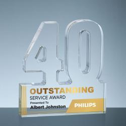 Acrylic #40 Service Award, 1" thick clear acrylic, 5.5" wide x 6" tall x 1" deep