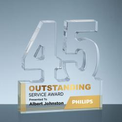 Acrylic #45 Service Award, 1" thick clear acrylic, 5.5" wide x 6" tall x 1" deep
