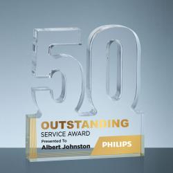 Acrylic #50 Service Award, 1" thick clear acrylic, 5.5" wide x 6" tall x 1" deep